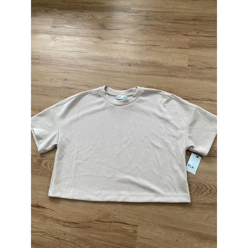 FLX Solace Short Sleeve Top Sand Trap Tan Oversized Cropped Tee Size Large NWT